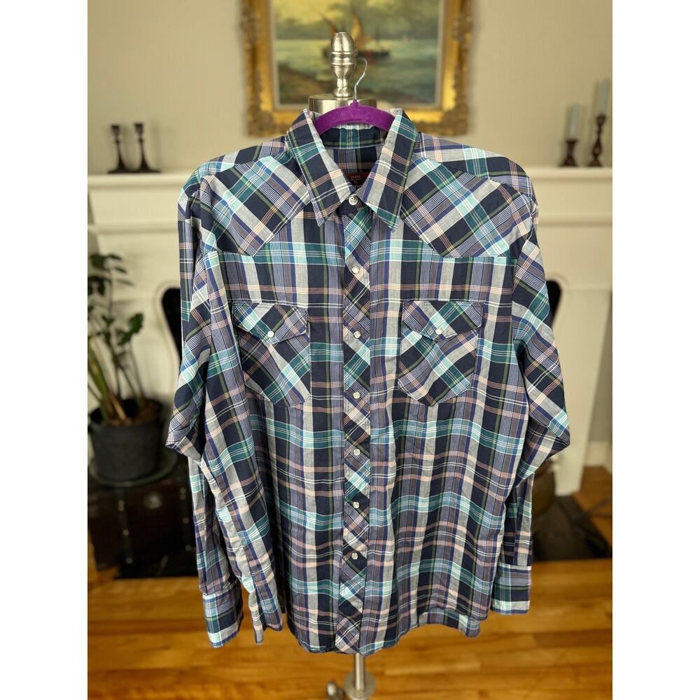 Vintage 90s Western Shirt, Wrangler Plaid Navy Aqua Pearl Snaps, Cowboy, size XL